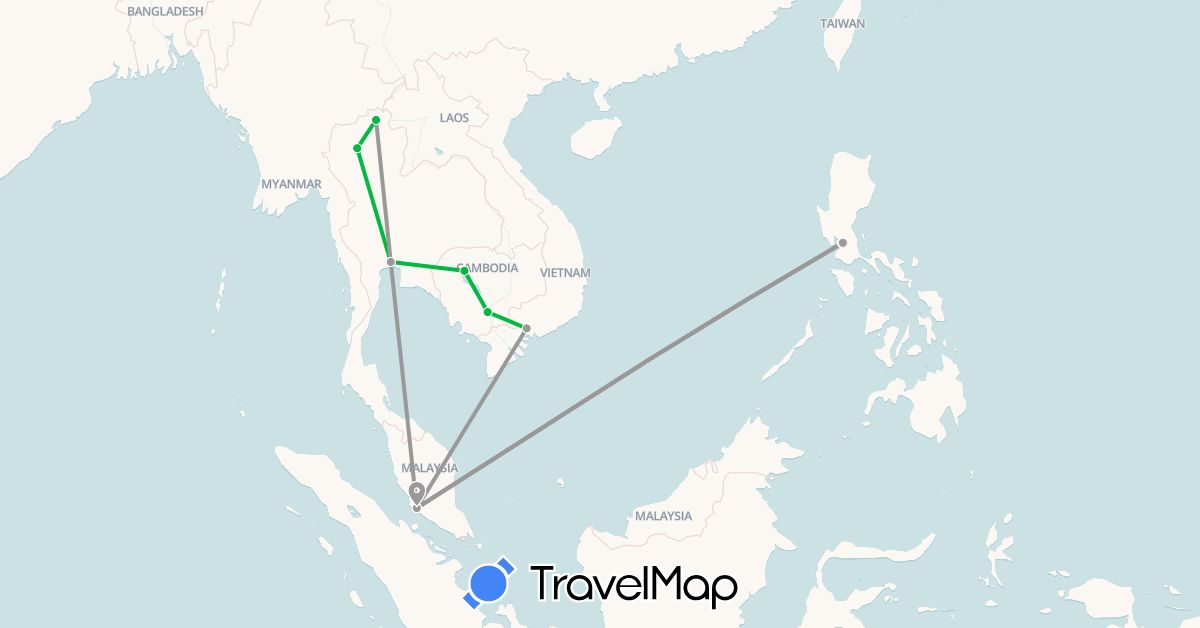 TravelMap itinerary: driving, bus, plane in Cambodia, Malaysia, Philippines, Thailand, Vietnam (Asia)
